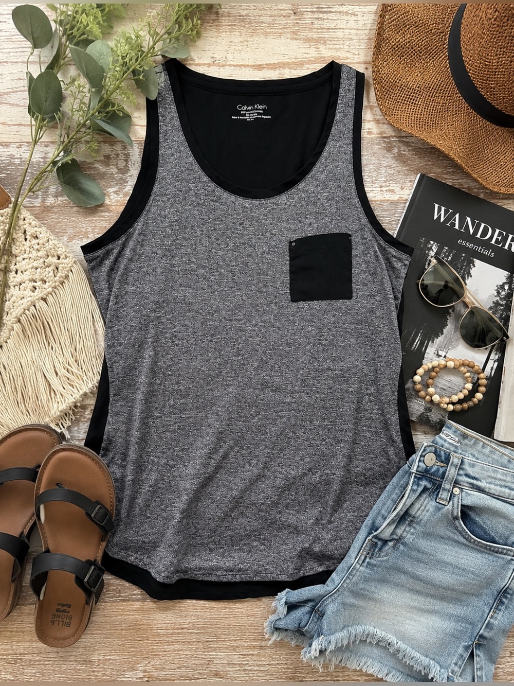 Calvin Klein Gray & Black Color-block Tank Top Sleeveless Pocket Performance  XL